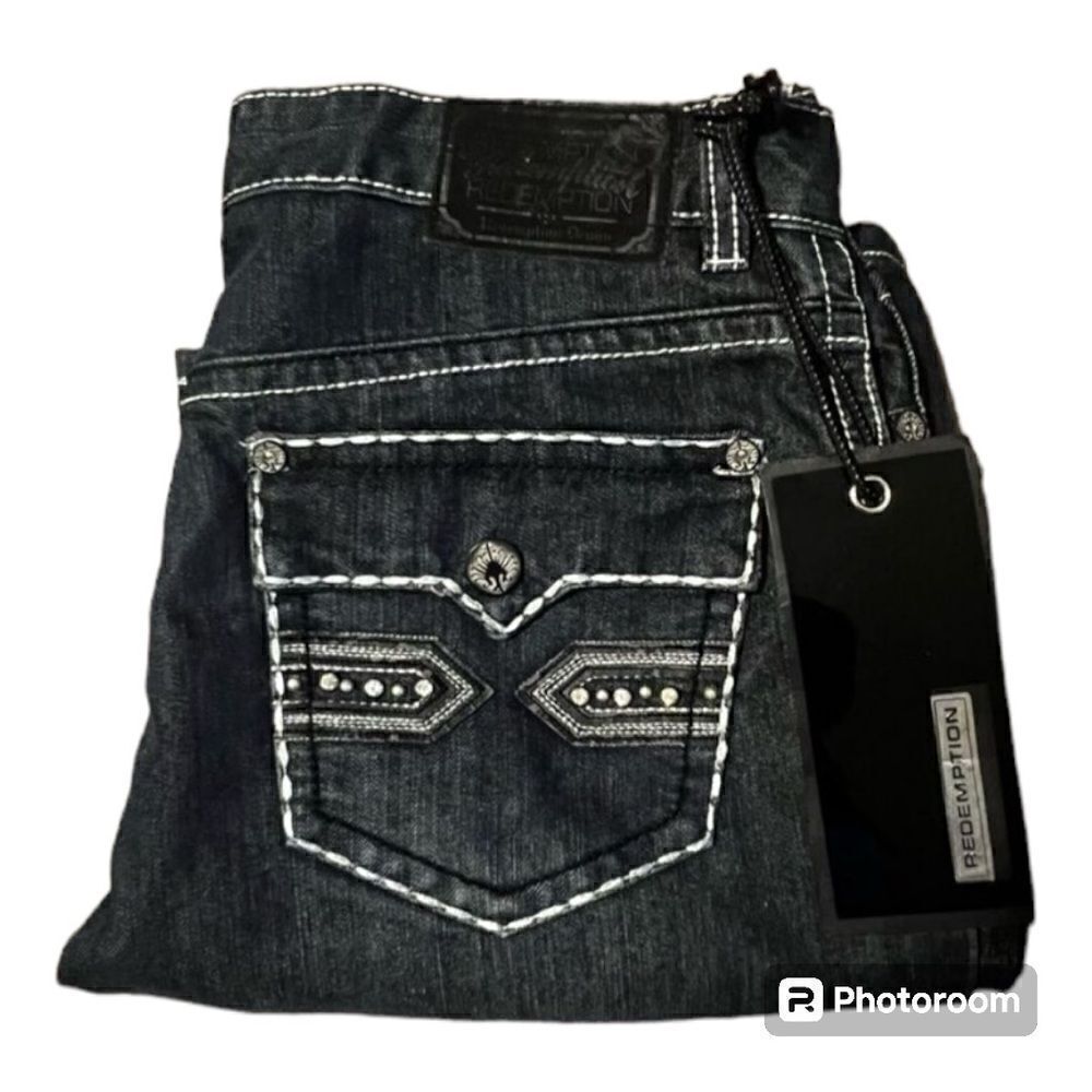 Redemption Denim Men’s Size 36x30 Jeans Blue Dark Wash Embroidered Straight NWT